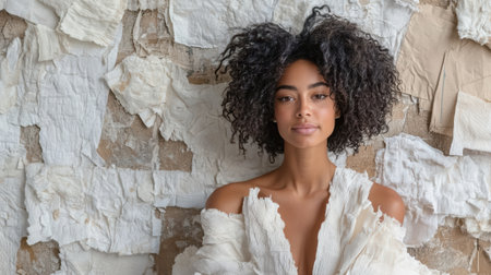 Soft, natural beauty portrait featuring woman with curly hair against textured backgroundの素材