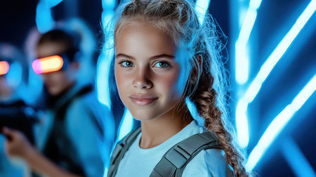 Bright neon lights illuminate girl with braid, ready for laser tag excitementの素材