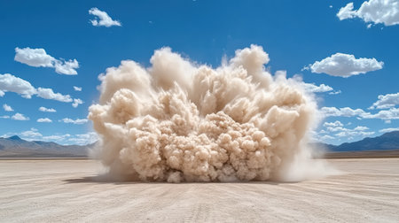 Massive explosion creating cloud of dust against clear blue sky, showcasing power and intensityの素材