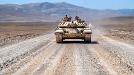 Military tank moving on dirt road in desert landscape, showcasing power and strengthの素材