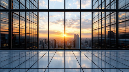 Stunning sunset view through skyscraper windows, reflecting vibrant colors on floorの素材