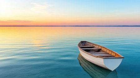 Tiny boat drifts peacefully across calm water at sunset, creating serene atmosphereの素材