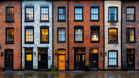 Charming brick buildings with colorful windows reflect evening glow, creating warm atmosphereの素材