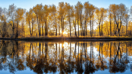 Golden trees reflecting in calm water at sunset create serene atmosphereの素材