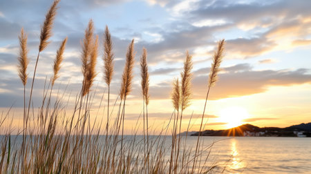 Golden grass sways gently by water as sun sets, creating serene atmosphereの素材