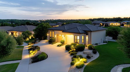 Luxurious suburban home illuminated twilight, surrounded by lush greenery and serene landscapeの素材