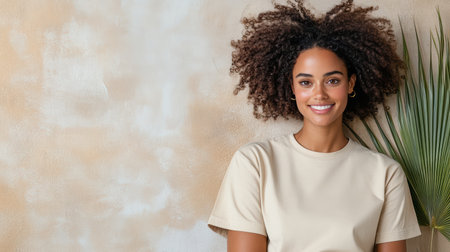 Smiling woman with curly hair wearing beige t shirt stands against textured backgroundの素材