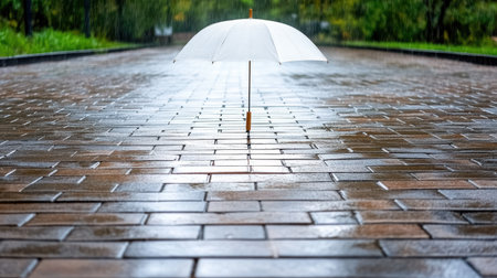 White umbrella stands alone on wet brick path, creating serene atmosphere in rainの素材