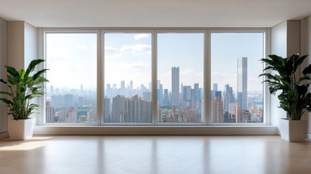 Modern apartment, skyline view, large windows, cityscape, indoor plants, bright lightingの素材