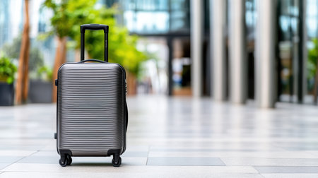 Sleek suitcase on pavement in modern urban setting, showcasing travel convenience and styleの素材