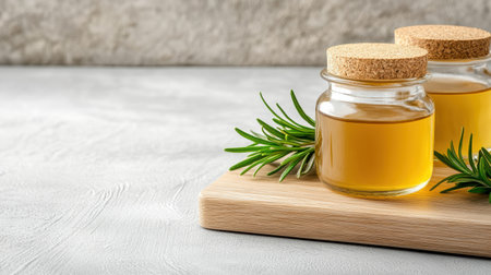 Fresh rosemary sprigs beside glass jars of oil on wooden board create calming atmosphereの素材
