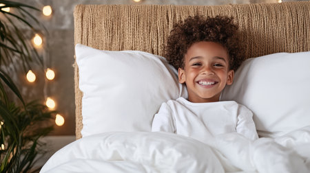 Smiling child in cozy bed with pillows, enjoying bedtime story under soft lightsの素材