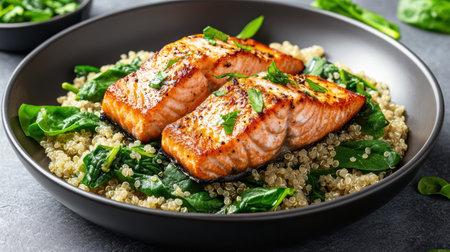 Delicious salmon fillet served on bed of quinoa and fresh spinach, creating balanced mealの素材