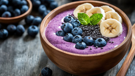 Creamy smoothie bowl topped with bananas, blueberries, and chia seeds, perfect for healthyの素材
