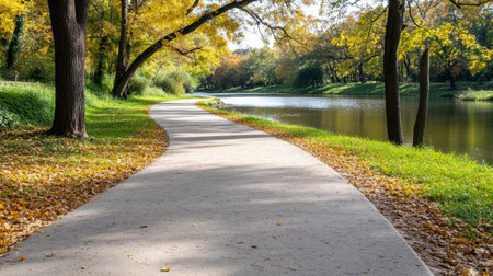 Serene pathway winds beside calm river, surrounded by vibrant autumn foliageの素材