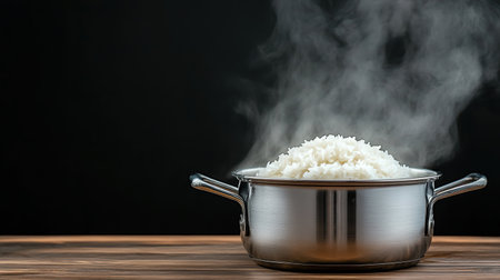 Steaming rice in stainless steel pot creates warm and inviting atmosphereの素材