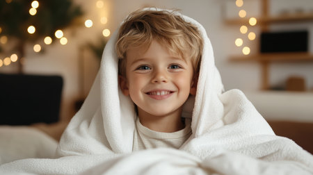 Cozy child smiling under blanket with warm lights in background, radiating joy and comfortの素材