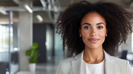 Confident woman with curly hair in modern office setting, showcasing professionalism and poiseの素材