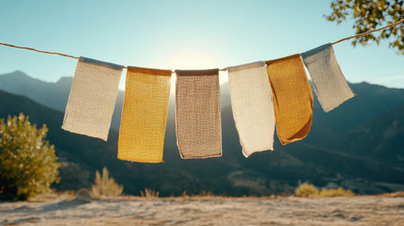 Close up of colorful fabric flags hanging against mountain backdrop, radiating warmthの素材