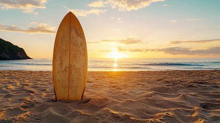 Sunset surfboard on sandy beach with ocean view and vibrant skyの素材