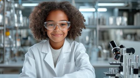 Young scientist smiling laboratory with microscope and lab equipment, showcasing curiosityの素材