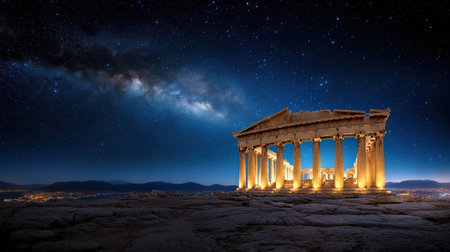Ancient Greek Parthenon ruins illuminated under starry night sky evoke wonder and aweの素材
