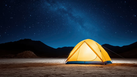 Glowing tent under starry sky creates serene camping atmosphereの素材
