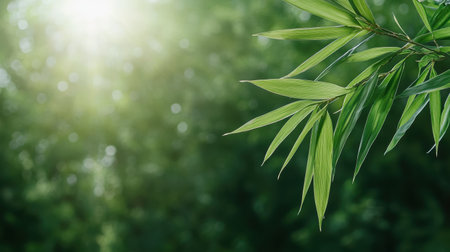 Sunlight filtering through bamboo leaves creates serene atmosphere in natureの素材