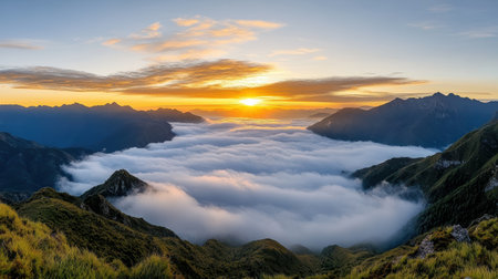 Golden sunrise above fog covered mountains creates serene landscape filled with beautyの素材