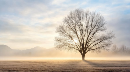 Solitary tree stands misty landscape, illuminated by soft sunlight, creating serene atmosphereの素材