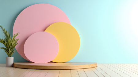 Soft pastel circles in pink and yellow against light blue wall create dreamy, minimalistic sceneの素材