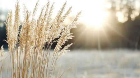 Golden grass swaying gently in sunlight, creating serene atmosphere in natureの素材