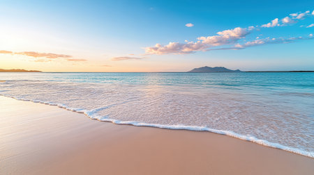 Soft pink dawn light over tropical beach creates dreamy atmosphere with gentle wavesの素材
