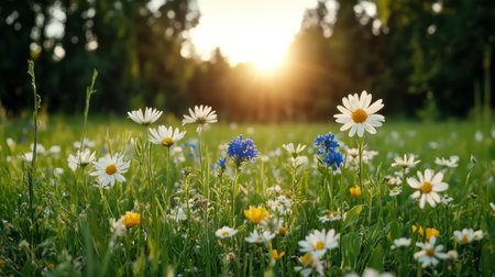 Sunlight illuminates wildflowers in serene meadow, creating tranquil atmosphereの素材
