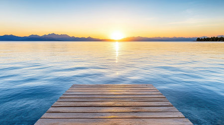 Sunset over calm lake with wooden pier reflecting warm colors. serene and tranquil sceneの素材
