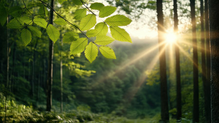 Lush green leaves illuminated by sunlight in serene forest settingの素材
