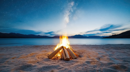 Serene campfire illuminates tranquil beach at dusk, surrounded by mountains and starry skyの素材