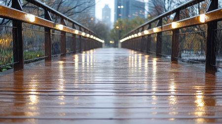 Serene bridge pathway glistens after light rain, creating peaceful atmosphereの素材