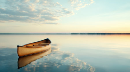 Serene canoe floats alone on tranquil lake at sunset, reflecting colorful skyの素材