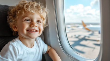 Excited boy gazing out airplane window, filled with wonder and joyの素材