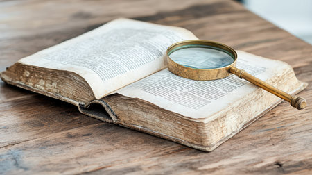 Ancient manuscript with brass magnifier on wooden table evokes curiosity and explorationの素材