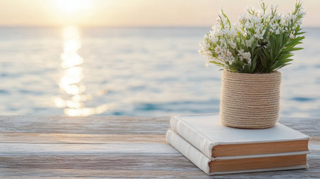 Serene scene featuring stack of books beside potted plant, illuminated by sunset over oceanの素材