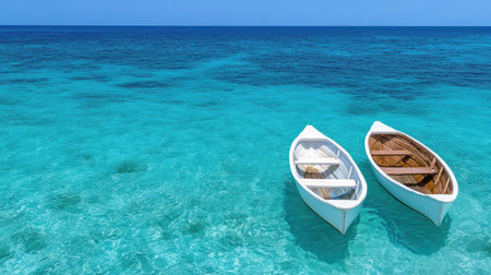Serene boats floating on turquoise sea create peaceful atmosphereの素材