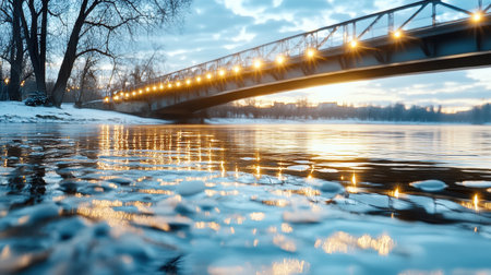 Serene bridge illuminated by warm lights reflects beautifully on calm river at duskの素材