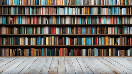 Bookshelf filled with colorful hardcovers, creating tranquil atmosphere for readingの素材