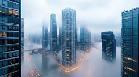 Misty city skyline with towering buildings and soft haze creating peaceful atmosphereの素材