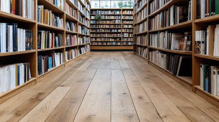 Cozy bookstore with wooden floors, creaky shelves, and rows of books creates warm atmosphereの素材
