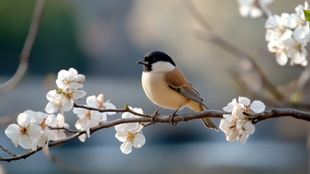Bird perched on blooming branch, surrounded by delicate flowers, exudes peaceful ambianceの素材