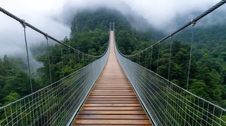 Misty valley bridge stretches across tranquil landscape, inviting exploration and adventureの素材