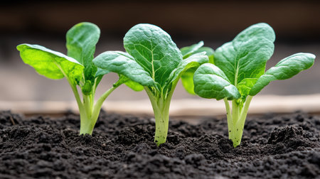 Fresh green seedlings emerging from dark soil, symbolizing growth and renewalの素材